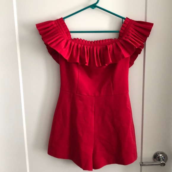 COPY - Red off the shoulder ruffled romper - Picture 1 of 2